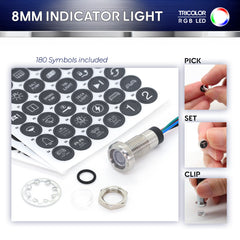 8mm RGB waterproof indicator light in stainless steel with cables and customizable symbol inserts for marine dashboards.