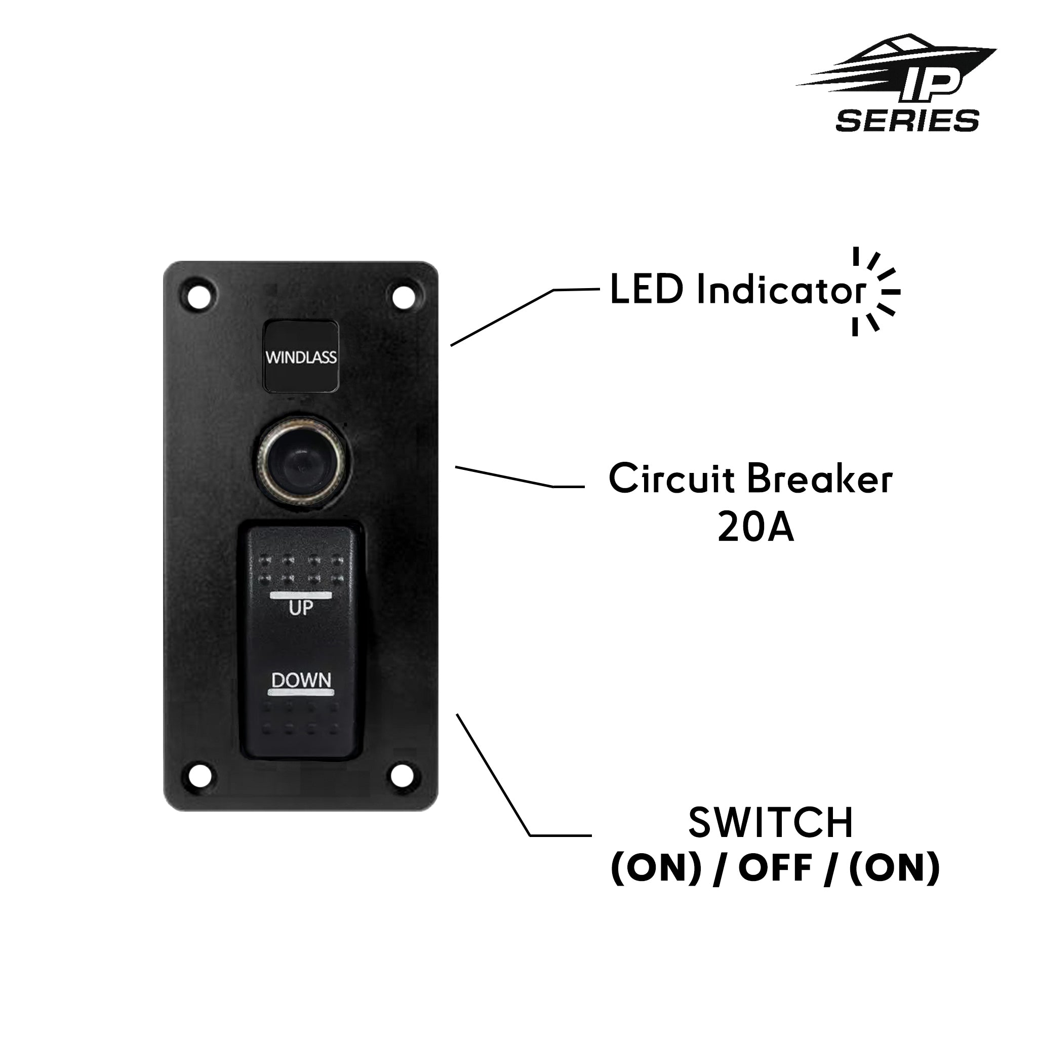 Best windlass marine panel with backlit led red for boat. waterproof 20A switch (on)/off/(on) mom feature. up and down laser engrave on the button. available on Baywatt.com