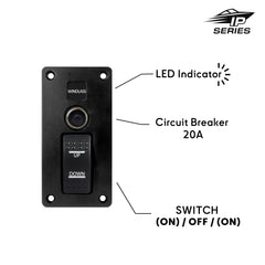 Best windlass marine panel with backlit led red for boat. waterproof 20A switch (on)/off/(on) mom feature. up and down laser engrave on the button. available on Baywatt.com
