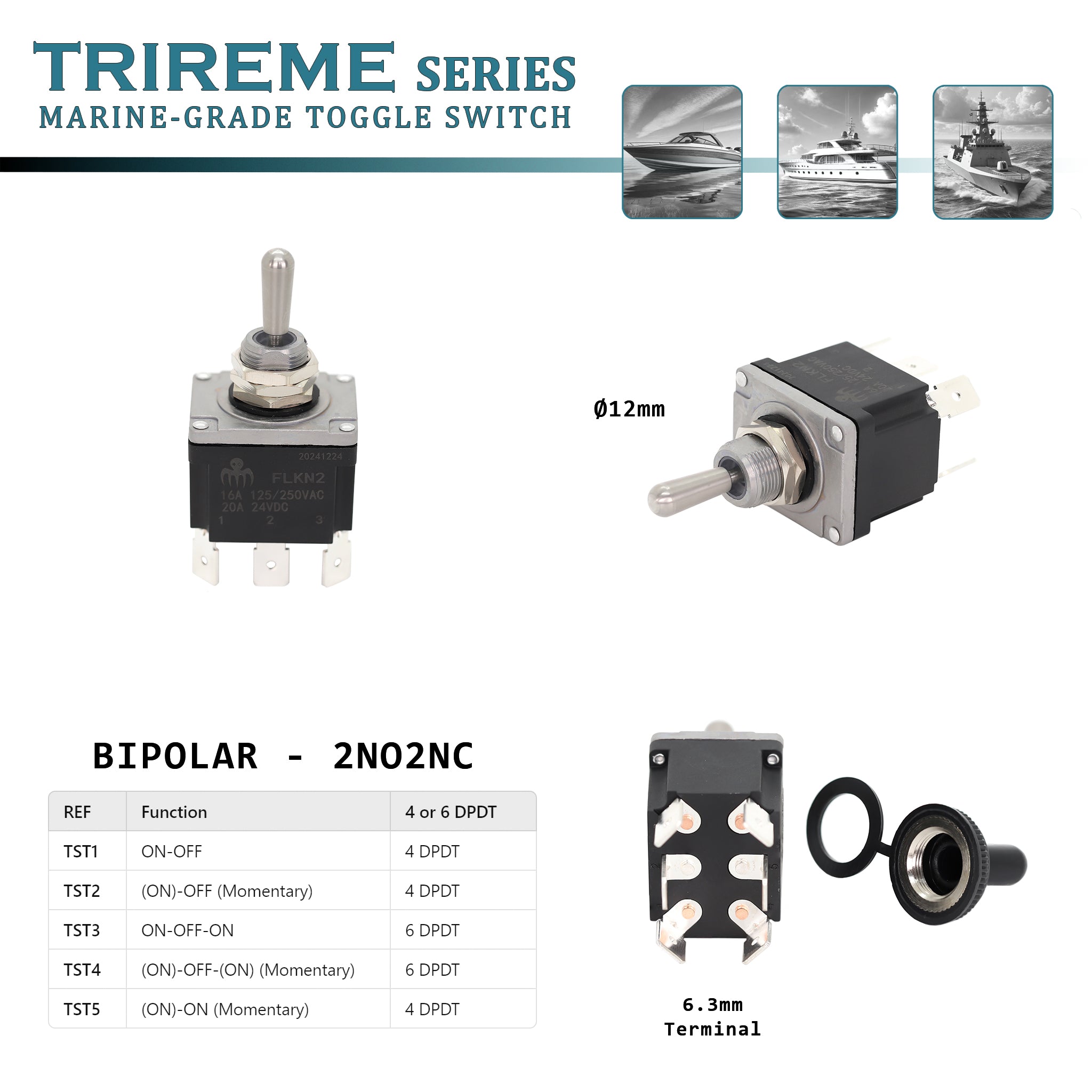 Interrupteur a tige 20A - Etanche IP67 Bipolaire 2no2nc pour bateau aluminum ou metal On-off On momentanee avec fiche 6,3mm et capot en nitrile, Trireme Series Baywatt.com