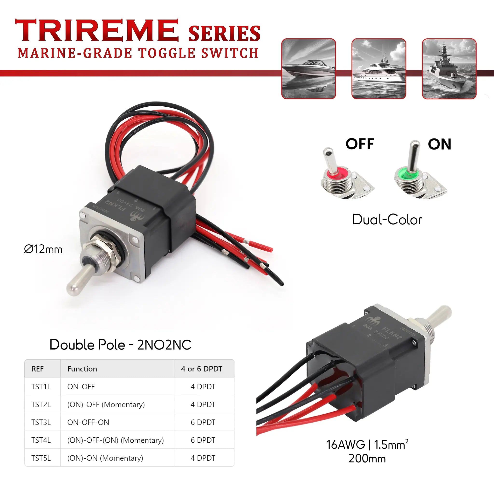 Interrupteur à tige étanche DPDT 2NO2NC avec LED bicolore vert/rouge Quick-Flick, tige inox 316, boîtier zinc IP67, câblage scellé époxy – Trireme Series by Baywatt.
