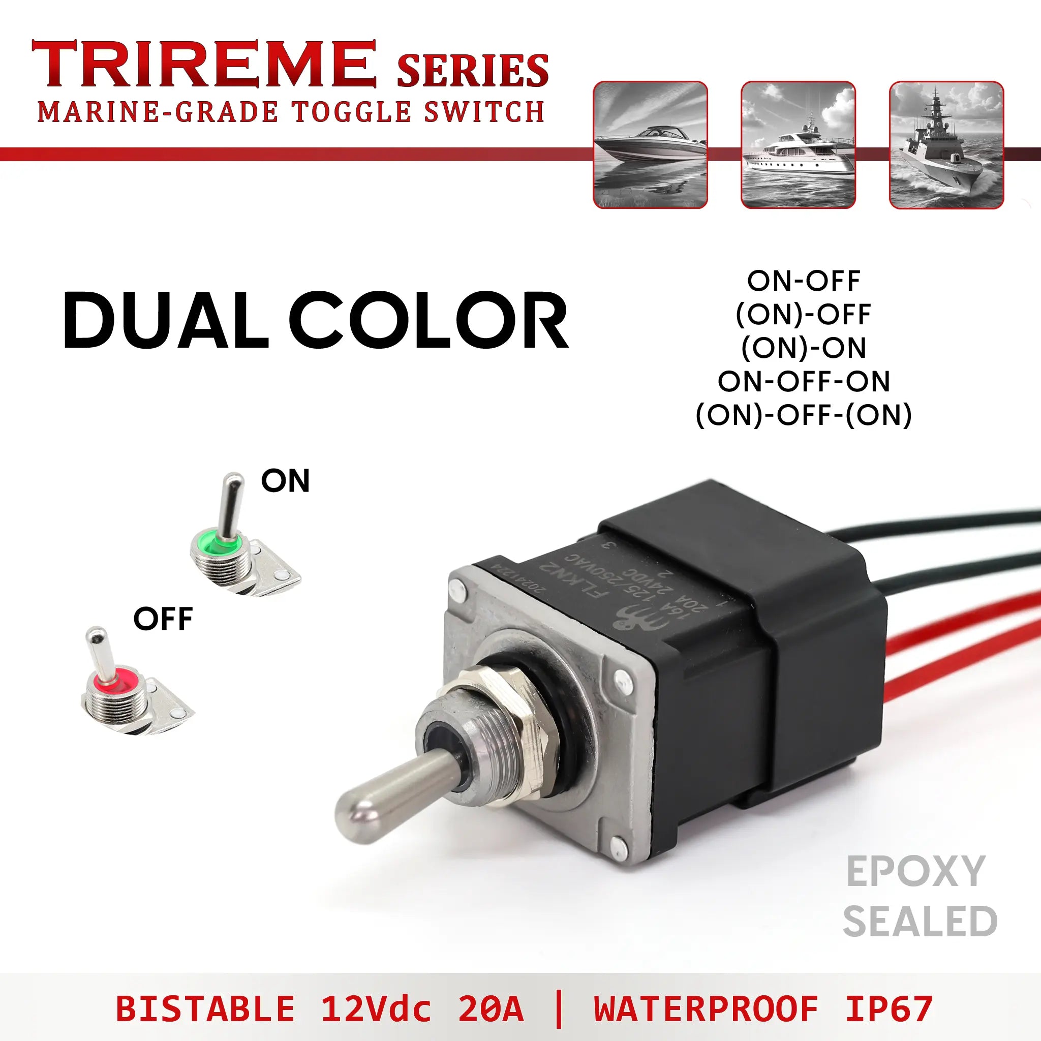 Interrupteur a tige avec led bi-couleur etanche IP67 noye dans l'epoxie bistable et technology quick-flick Trireme Series Technologie Baywatt