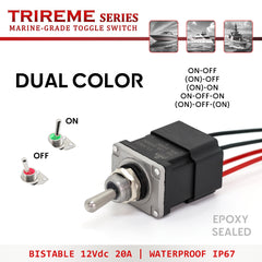 Interrupteur a tige avec led bi-couleur etanche IP67 noye dans l'epoxie bistable et technology quick-flick Trireme Series Technologie Baywatt