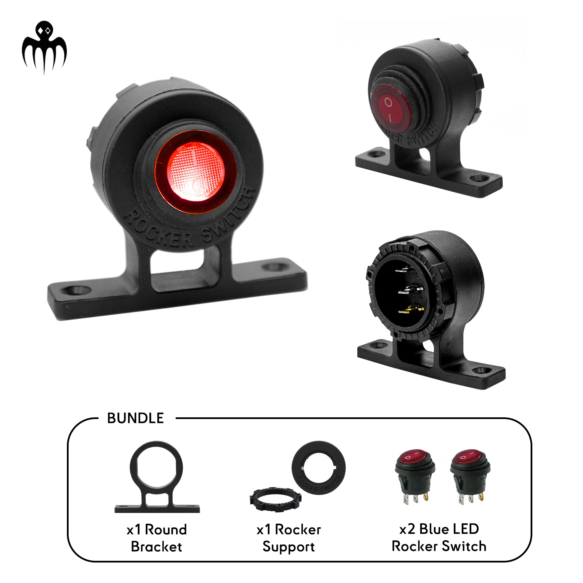 Interrupteur bascule LED rouge 12V avec support rond étanche IP65, spécial bateau ou tableau électrique marine, installation classique ou inversée