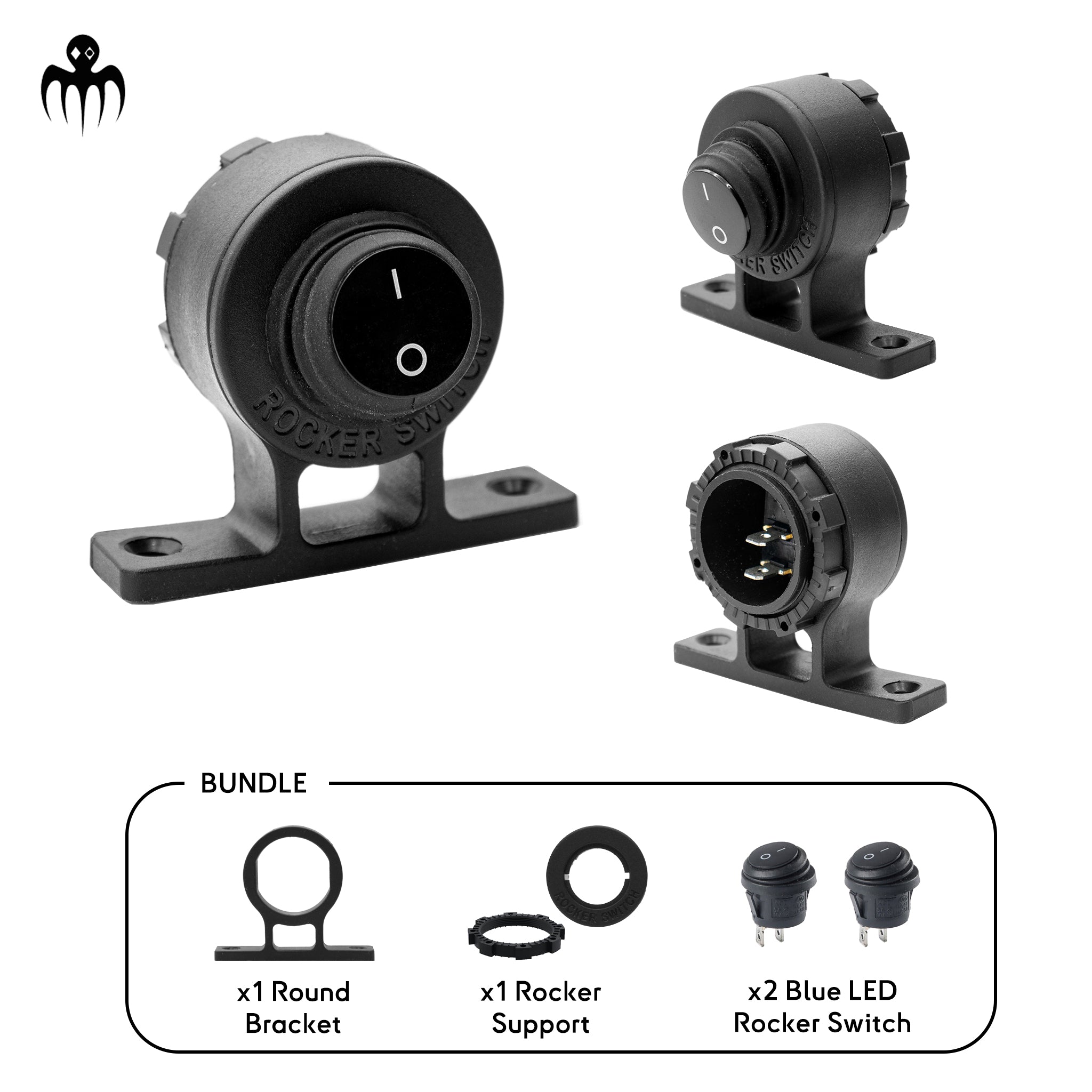 Interrupteur à bascule noir 12V avec support rond étanche IP65, idéal pour bateau ou installation marine déportée ou tête en bas, multi-usage