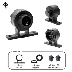 Interrupteur à bascule noir 12V avec support rond étanche IP65, idéal pour bateau ou installation marine déportée ou tête en bas, multi-usage