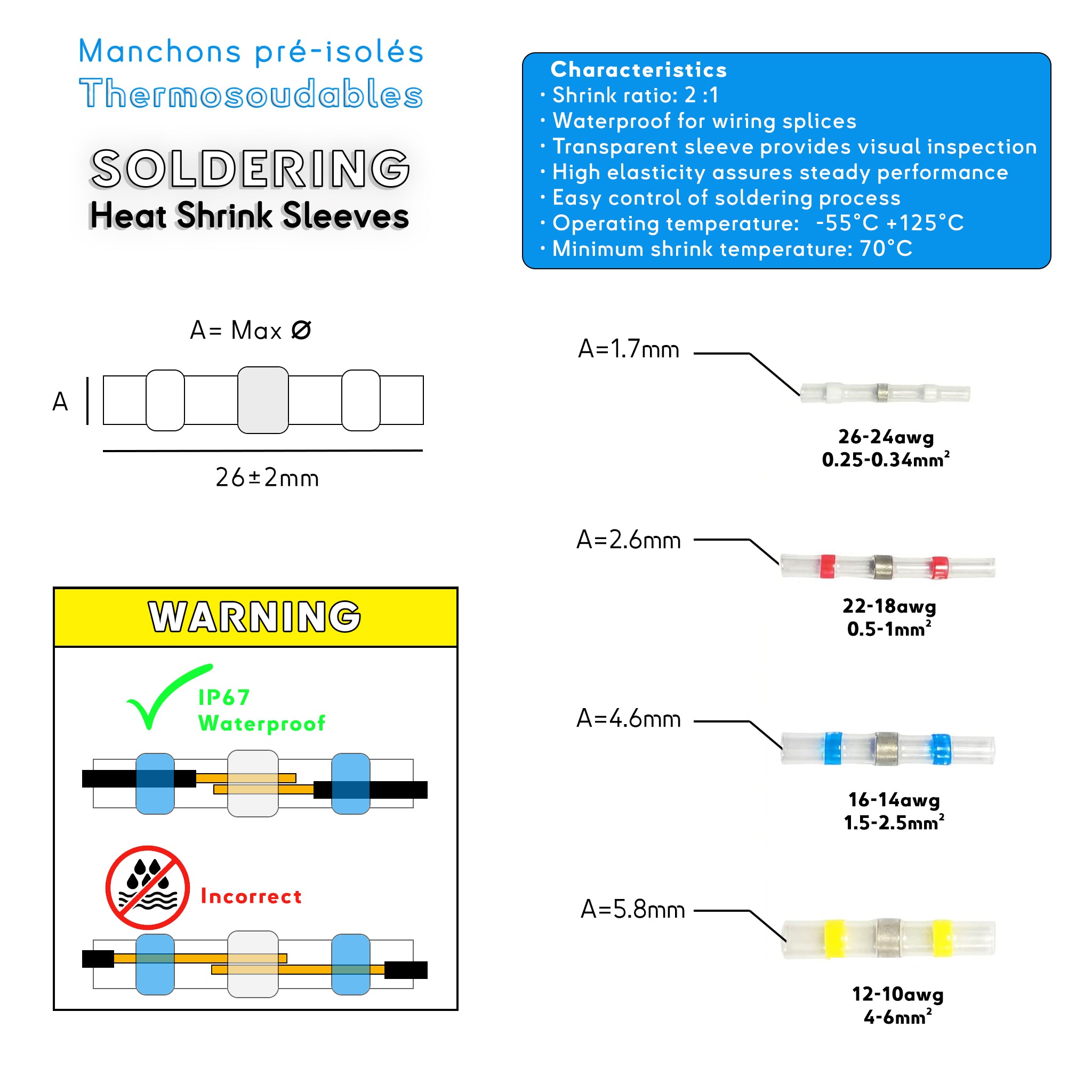 Specifications and usage instructions for heat shrink soldering sleeves, highlighting characteristics like IP67 waterproof rating, transparent sleeves, and correct application technique Baywatt.com