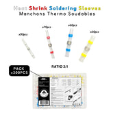 Aperçu visuel de 200 manchons thermo-soudables avec un rapport de rétreint 2:1, conçus pour les épissures de fils étanches, avec des tailles codées par couleur pour une sélection facile. Baywatt