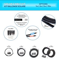 Kit de câbles solaires montrant la qualité des câbles H1Z2Z2-K de 4mm² avec certification TUV, disponibles en longueurs de 1m, 3m, 5m, et 10m. Idéal pour les systèmes photovoltaïques extérieurs Baywatt