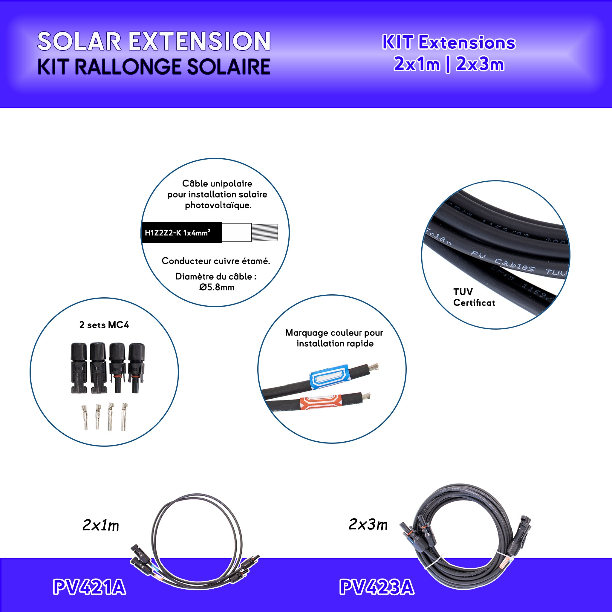 Spécifications pour le kit de rallonge solaire montrant un câble en cuivre étamé H1Z2Z2-K avec des connecteurs MC4 avec certificat TUV - anti-uv et étanche Baywatt