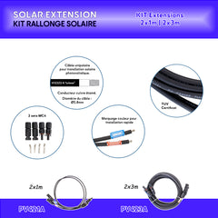 Spécifications pour le kit de rallonge solaire montrant un câble en cuivre étamé H1Z2Z2-K avec des connecteurs MC4 avec certificat TUV - anti-uv et étanche Baywatt