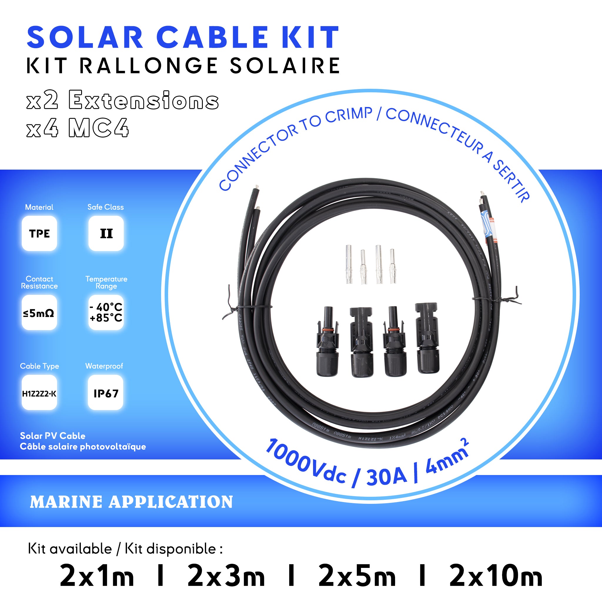 Kit de rallonges solaires incluant 2 cables avec connecteurs MC4 pour panneau photovoltaique pour bateau et yacht. Baywatt