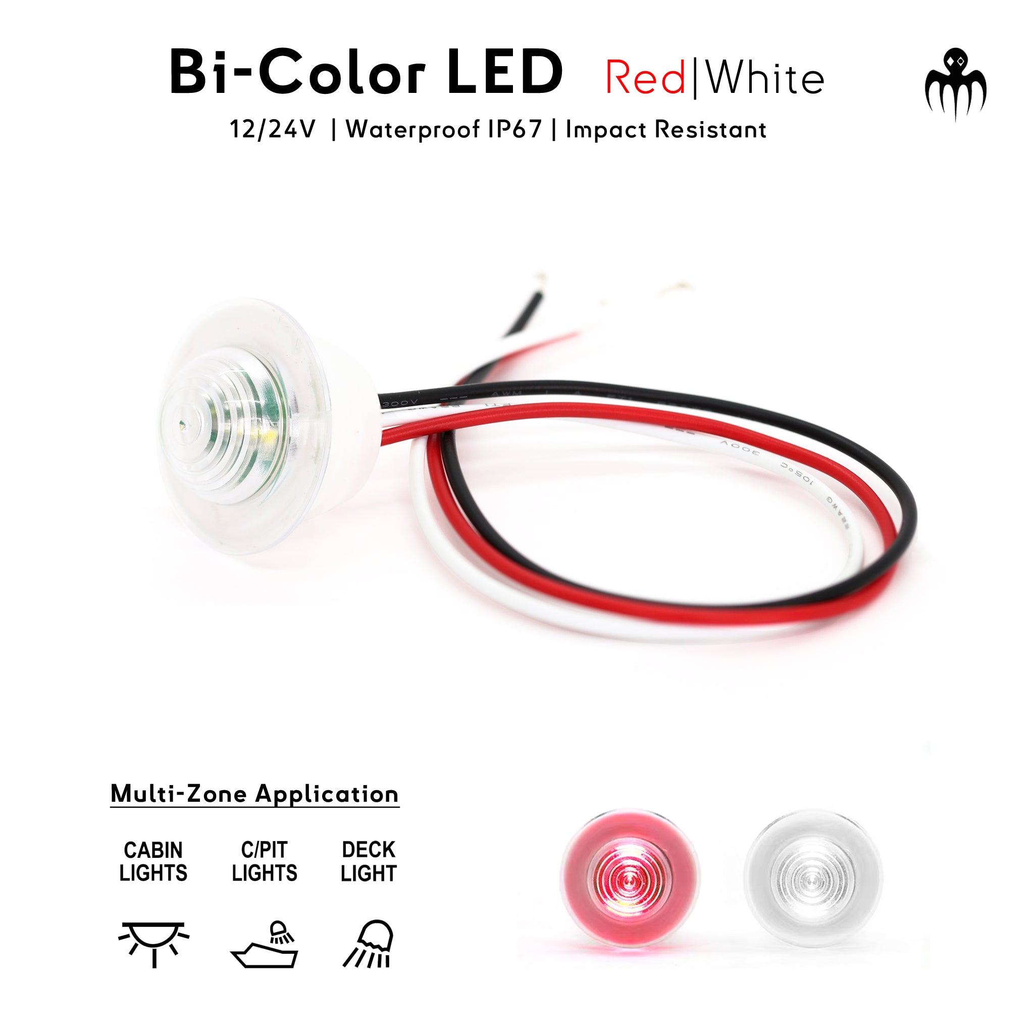 Pack de 2 lumières LED bi-couleur (Rouge | Blanc) adaptées aux bateaux yachts, camping-car, remorques, sous-marins, tanks. Étanches IP67, résistantes aux chocs, et compatibles 12V / 24V pour une installation facile. baywatt