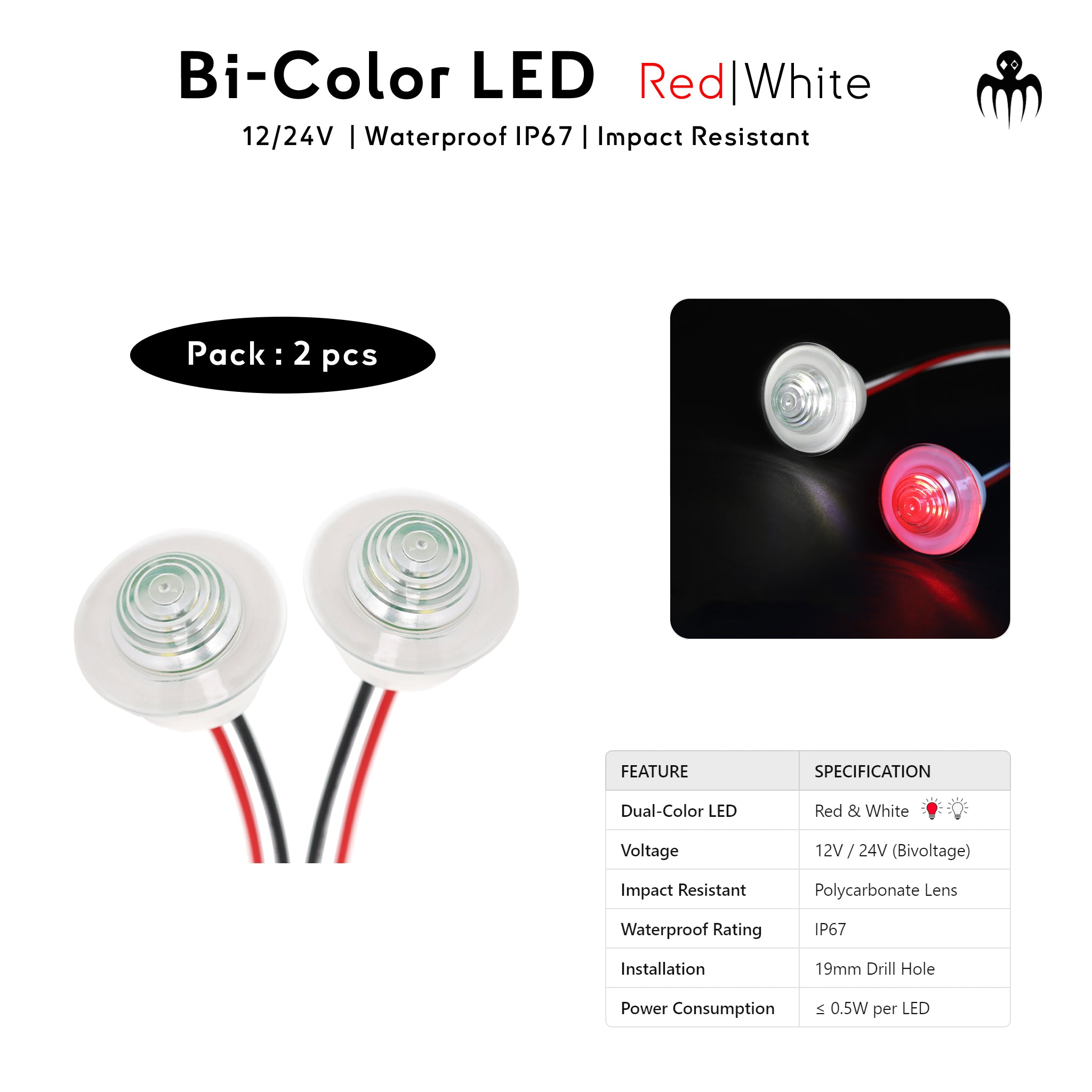 Eclairage Idéal pour l’éclairage du pont, du cockpit ou des marches rouge-blanc pour bateau, yachts Baywatt 12-24V percage 19mm