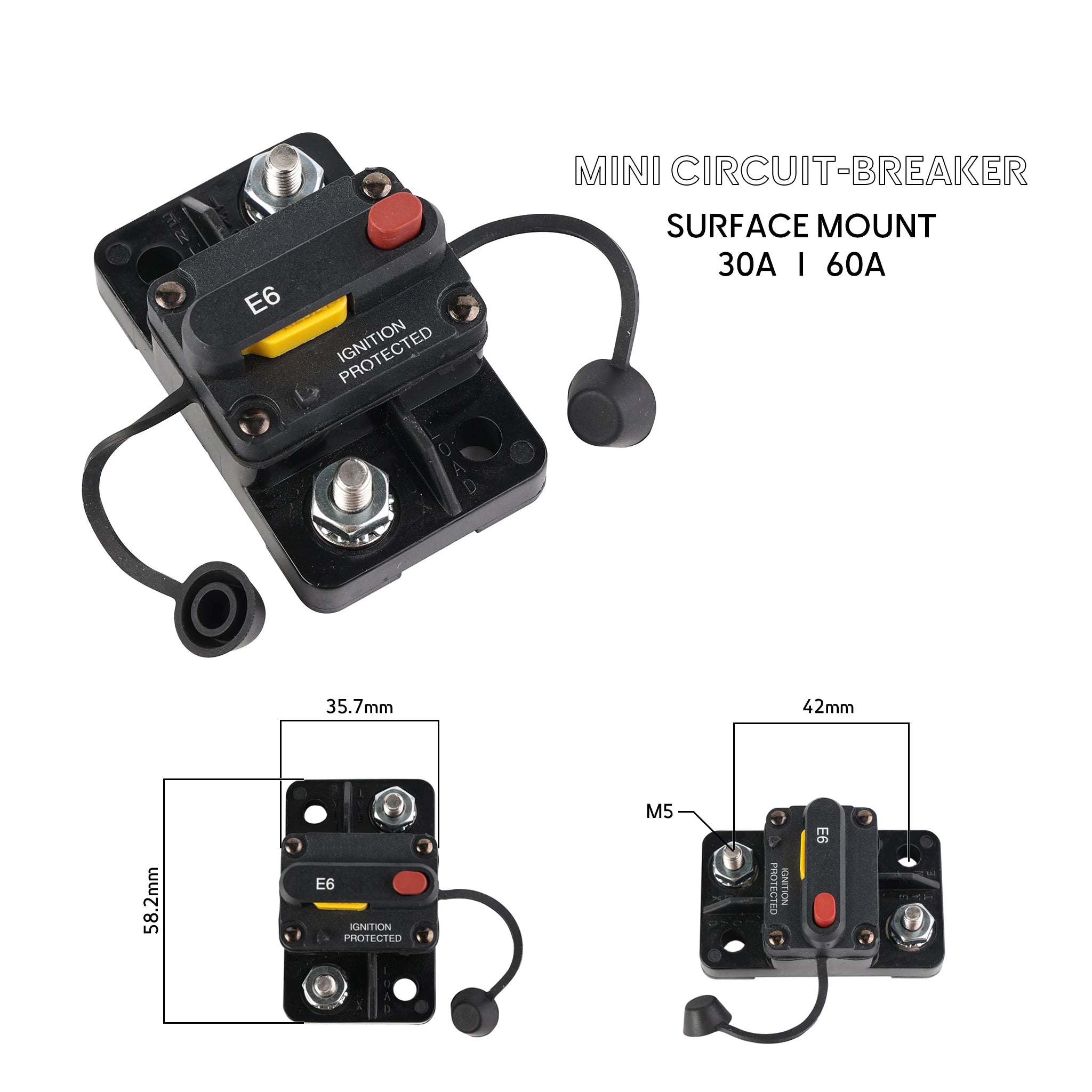 Mini DC thermal breaker for 12V/24V boat electrical system protection.