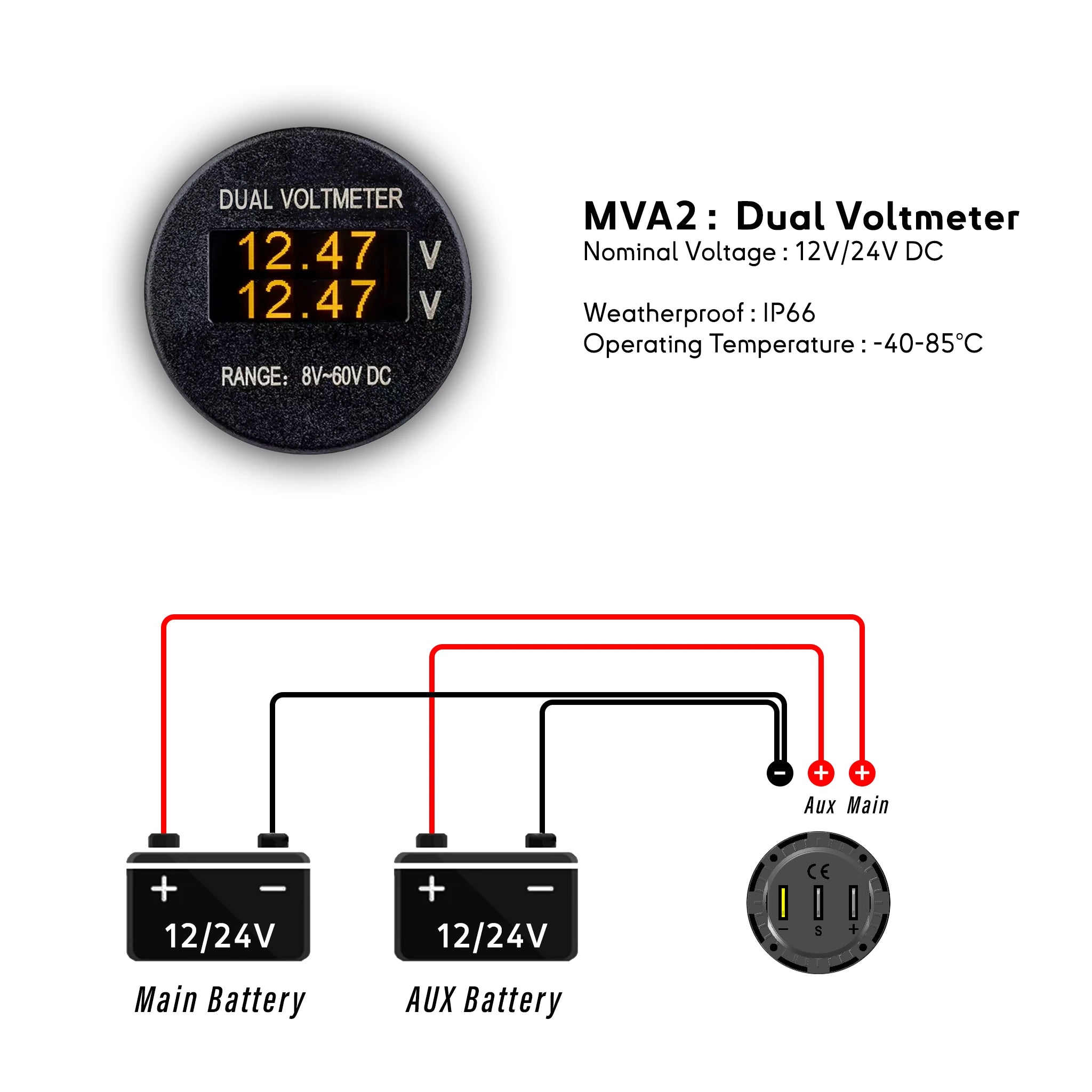 Double voltmètre OLED MVA2 avec schéma de branchement pour monitoring simultané d'une batterie moteur et d'une batterie auxiliaire.