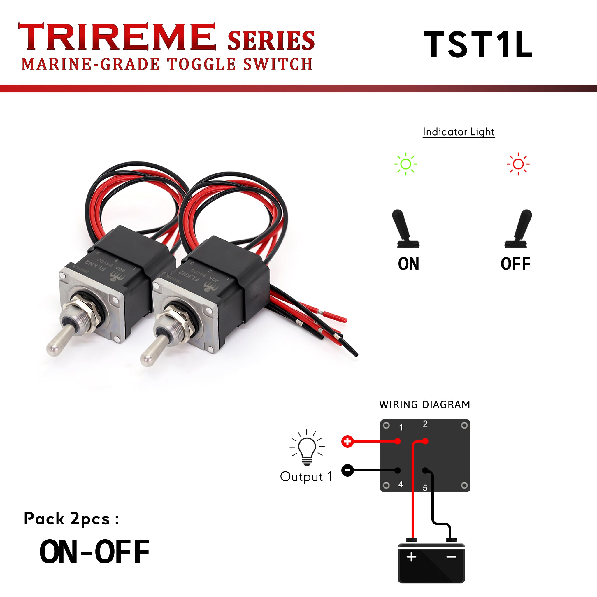 TST1L is a marine-grade DPDT toggle switch (2NO2NC, bistable grounding model) with Quick-Flick technology and a bi-color LED indicator (On=Green, Off=Red) for quick visual confirmation. Its Inox 316 toggle and zinc alloy body are IP67 waterproof with epoxy-sealed wiring. Ideal for boats, yachts, and military vehicles. Trireme Series by Baywatt