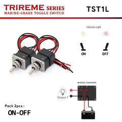 TST1L is a marine-grade DPDT toggle switch (2NO2NC, bistable grounding model) with Quick-Flick technology and a bi-color LED indicator (On=Green, Off=Red) for quick visual confirmation. Its Inox 316 toggle and zinc alloy body are IP67 waterproof with epoxy-sealed wiring. Ideal for boats, yachts, and military vehicles. Trireme Series by Baywatt