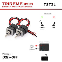 TST2L features Quick-Flick technology and a bi-color LED indicator (On=Green, Off=Red) for quick visual confirmation. This marine-grade DPDT (2NO2NC, bistable grounding model) switch is built with an Inox 316 toggle and zinc alloy body, with IP67 waterproofing and epoxy-sealed wiring. Ideal for boats, yachts, and military vehicles. Trireme Series by Baywatt.