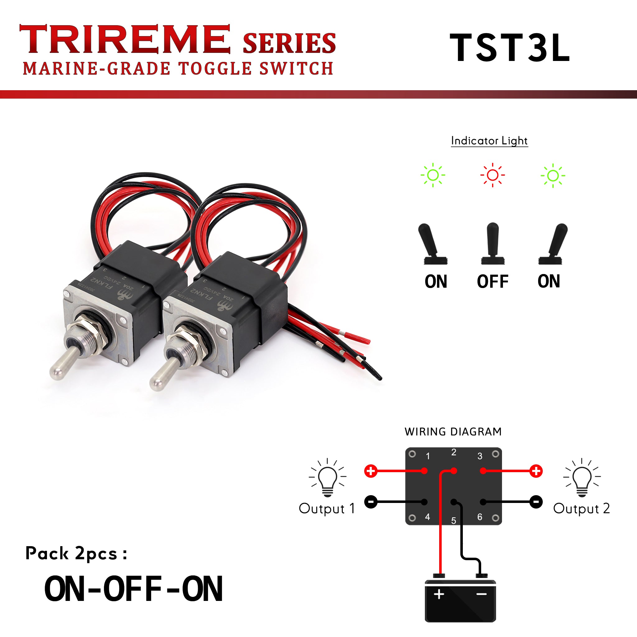 TST3L is a marine-grade DPDT toggle switch (2NO2NC, bistable grounding model) featuring Quick-Flick technology and a bi-color LED indicator (On=Green, Off=Red) for quick visual confirmation. Its Inox 316 and zinc alloy construction ensures IP67 waterproofing with epoxy-sealed wiring. Ideal for boats, yachts, and military vehicles. Trireme Series by Baywatt.