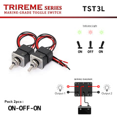 TST3L is a marine-grade DPDT toggle switch (2NO2NC, bistable grounding model) featuring Quick-Flick technology and a bi-color LED indicator (On=Green, Off=Red) for quick visual confirmation. Its Inox 316 and zinc alloy construction ensures IP67 waterproofing with epoxy-sealed wiring. Ideal for boats, yachts, and military vehicles. Trireme Series by Baywatt.