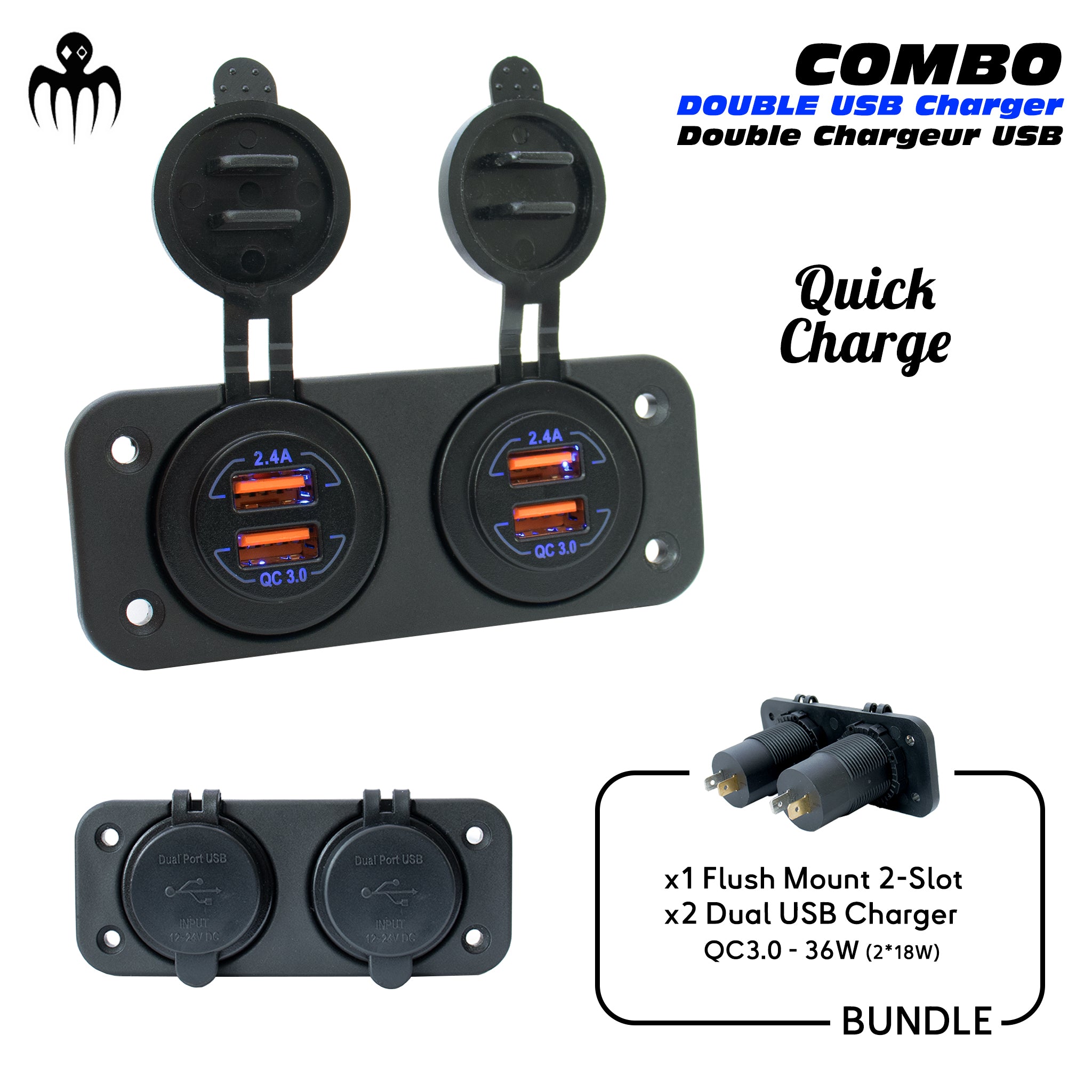 Marine Dual USB Charger Panel with Quick Charge 3.0 technology, featuring ECE R10 electromagnetic protection for safe and efficient charging on boats.