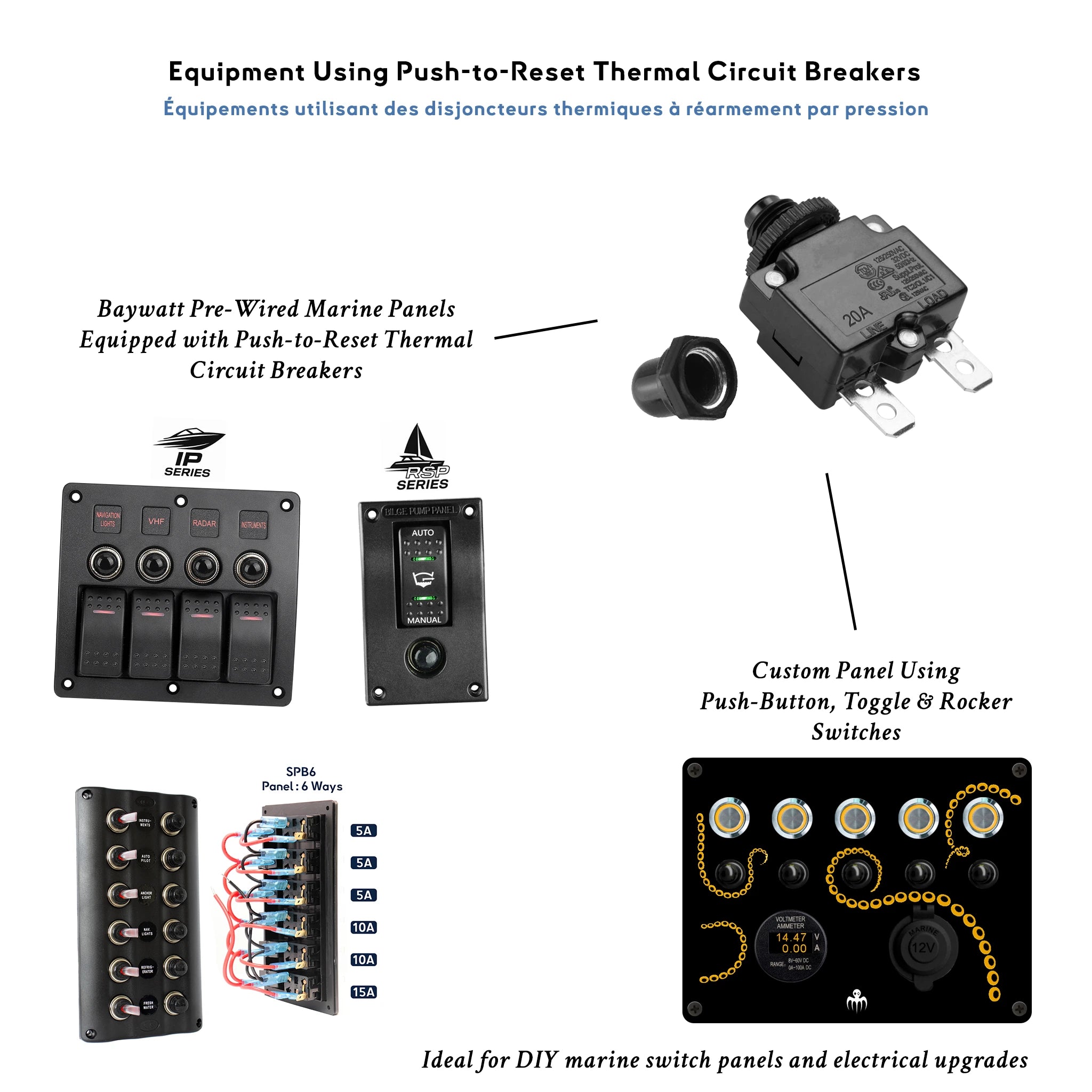 Marine push-to-reset thermal circuit breakers (single-pole) with waterproof cap IP67 mounted on a boat's electrical switch panel.
