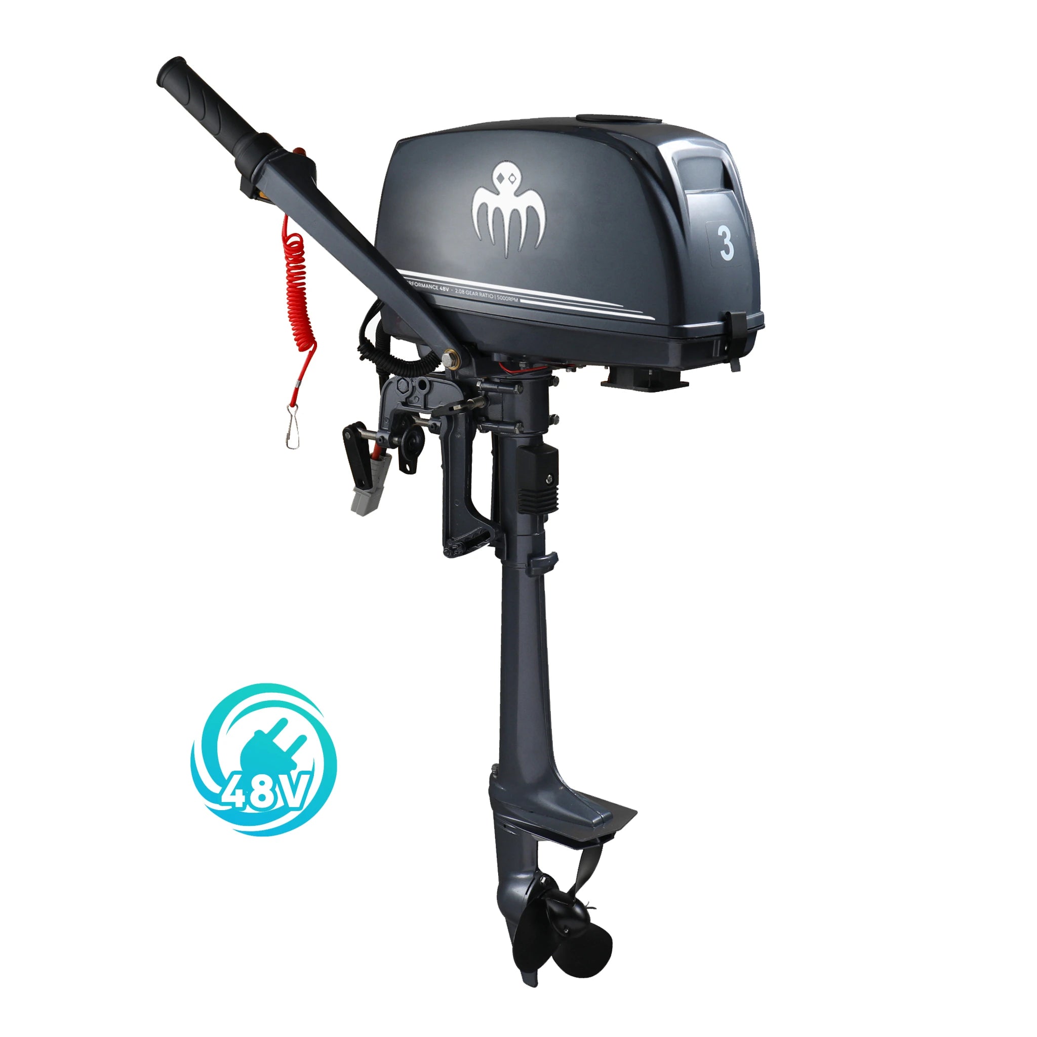 Moteur électrique BAYWATT à arbre court, 48V, protection d’hélice et cordon coupe-circuit pour navigation en mer.