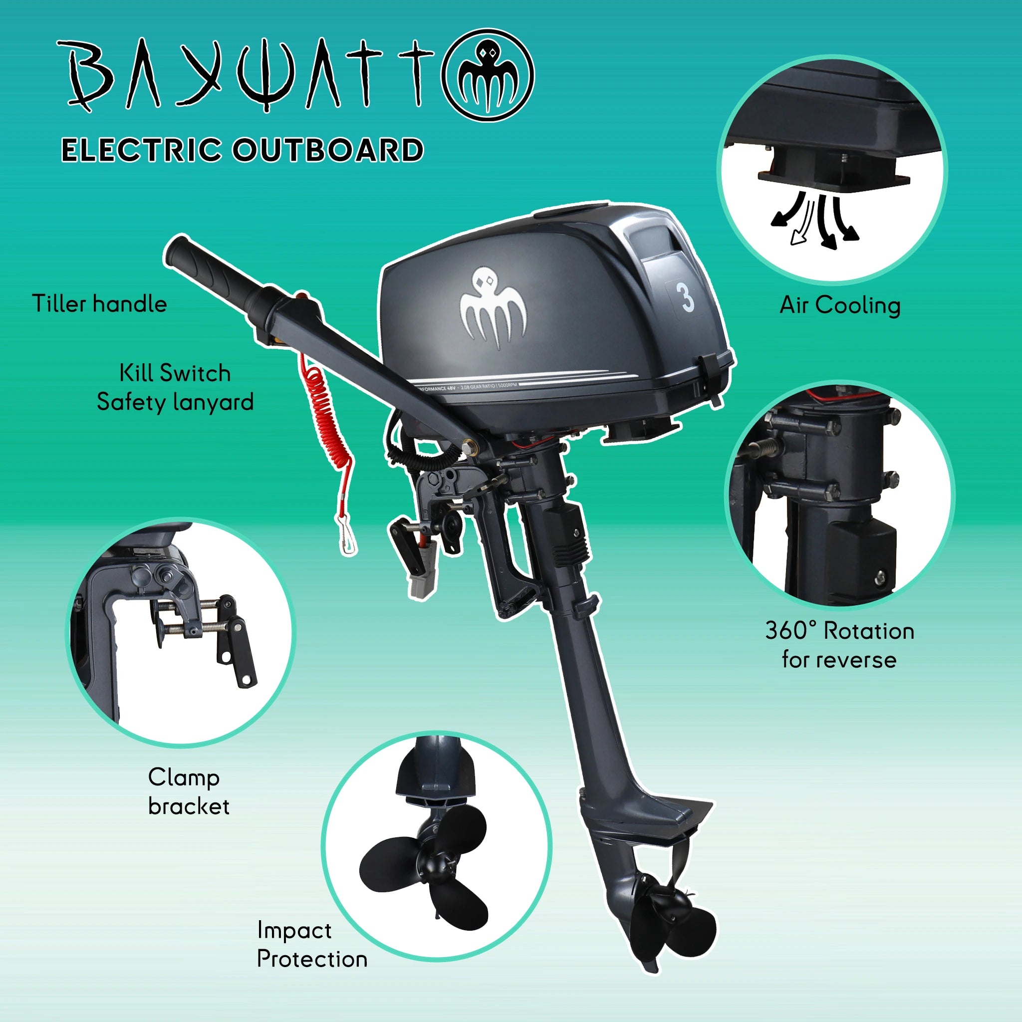 Moteur hors-bord électrique BAYWATT 2,2 kW (3CV) 48V, barre franche ergonomique et rotation 360° pour annexe ou RIB.