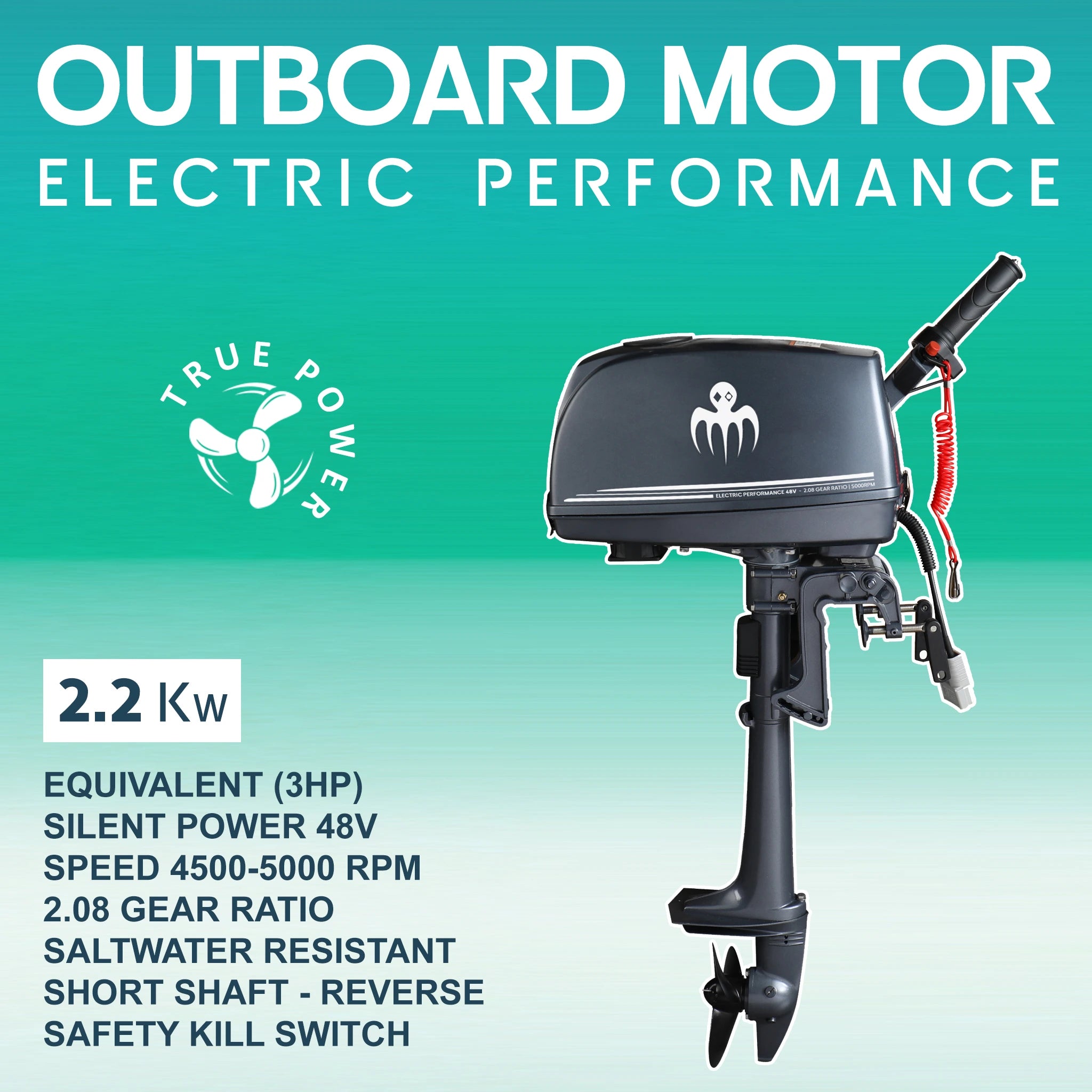 Hors-bord électrique  2,2kW (3hp) moteur de peche, support robuste, refroidissement par air et usage côtier ou fluvial.