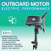 Hors-bord électrique  2,2kW (3hp) moteur de peche, support robuste, refroidissement par air et usage côtier ou fluvial.