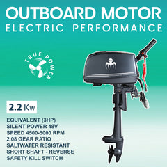Hors-bord électrique  2,2kW (3hp) moteur de peche, support robuste, refroidissement par air et usage côtier ou fluvial.