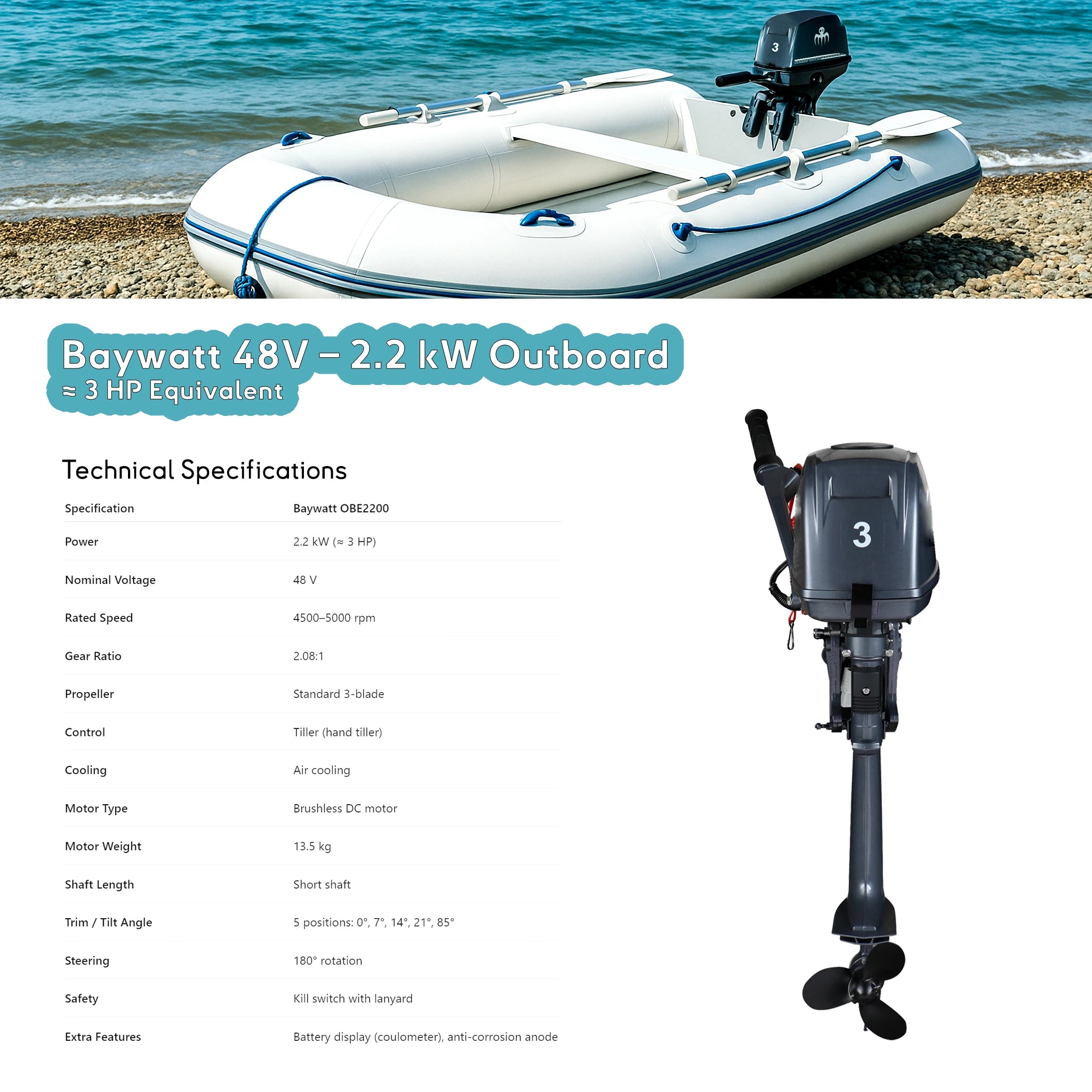 electric outboard motor 2.2 kW (3HP) , 48V silent brushless drive with saltwater resistance and kill switch.
