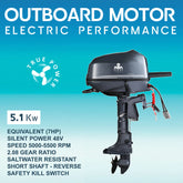 Baywatt 5.1kW 48V electric outboard—true outboard for tender use; 5000–5500 rpm, 2.08:1 gear ratio, saltwater-resistant.