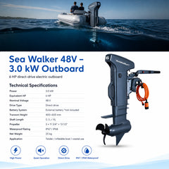 8V 5.1kW electric outboard, short shaft (7 HP equivalent), mounted on a blue inflatable dinghy; quiet brushless drive. with electric specifications performance tab.