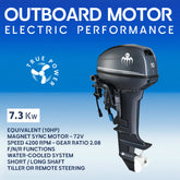 10 HP electric outboard motor for boat or RIB – Baywatt OBE7300, 72 V PMSM gear-drive system, eco-marine propulsion.