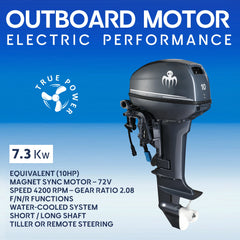 10 HP electric outboard motor for boat or RIB – Baywatt OBE7300, 72 V PMSM gear-drive system, eco-marine propulsion.