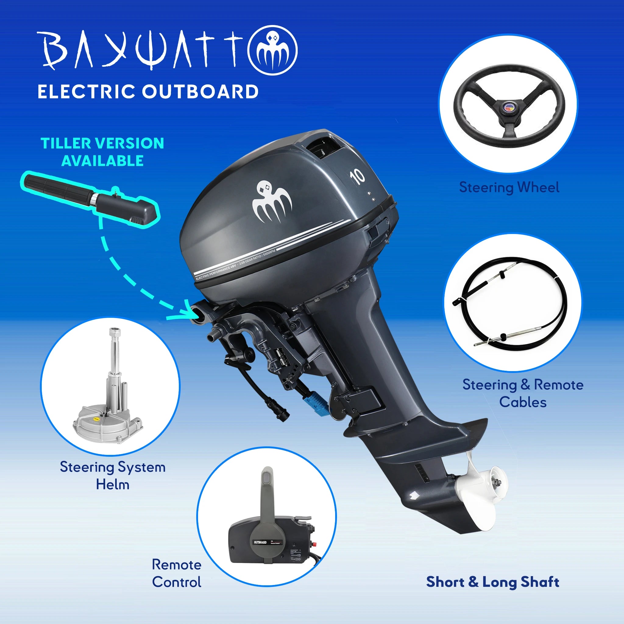 Tiller or Remote control 10 HP 72V 7.3kw electric outboard motor – PMSM gear reduction, ideal for boats and RIBs, eco-friendly marine propulsion.
