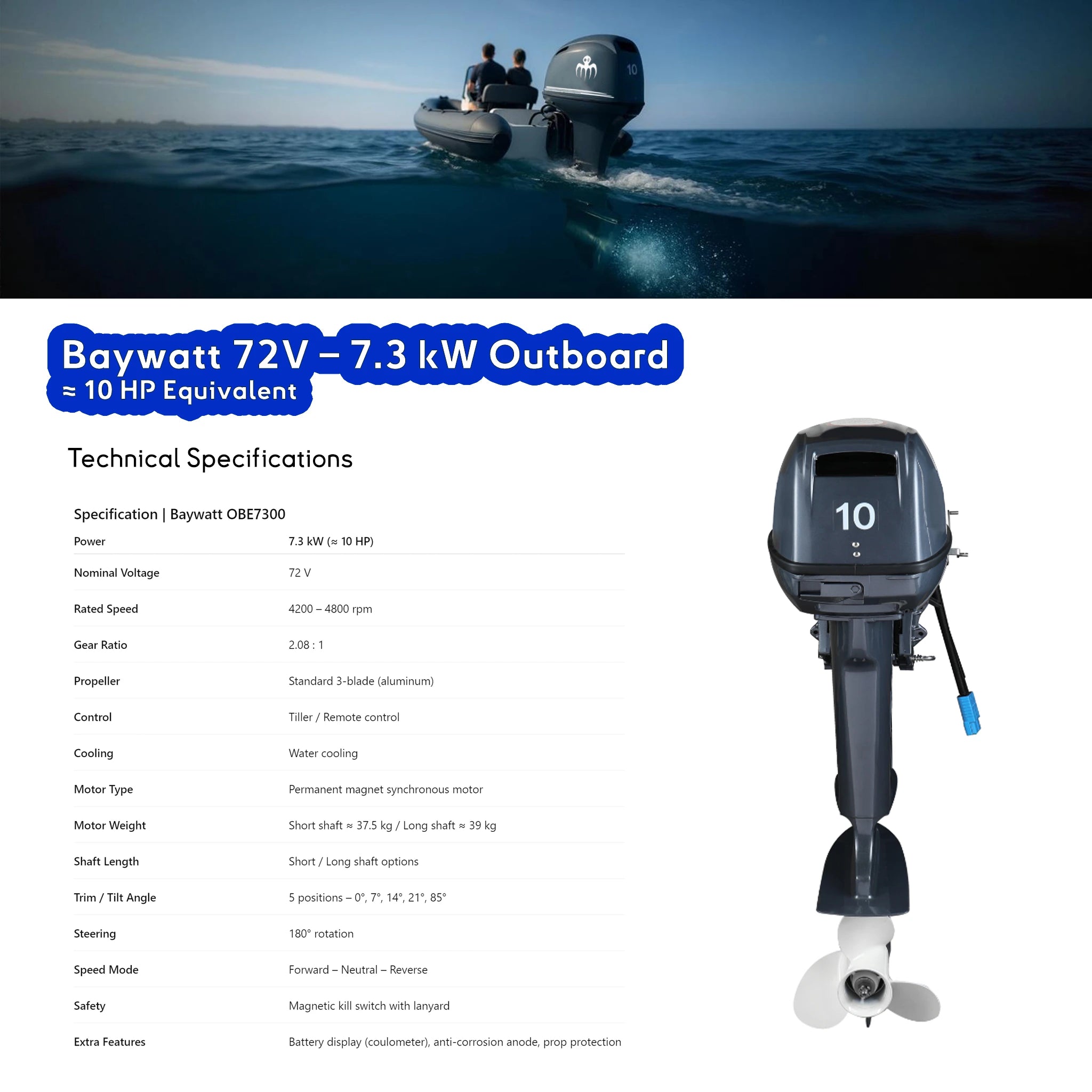 Moteur hors-board 10cv électrique, moteur 7.3Kw PMSM à engrenage pour navigation performante et écologique. Barre franche et barre a roue disponible.