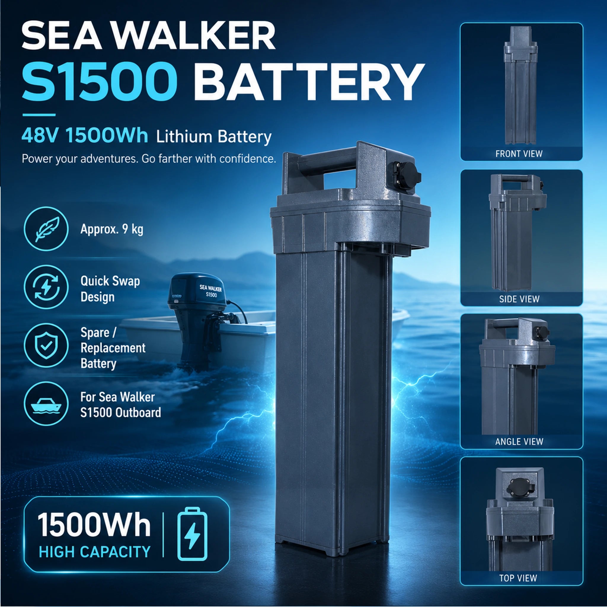 Batterie Sea Walker S1500 48V 1500Wh facile à remplacer pour moteur hors-bord électrique, idéale pour prolonger l’autonomie en navigation