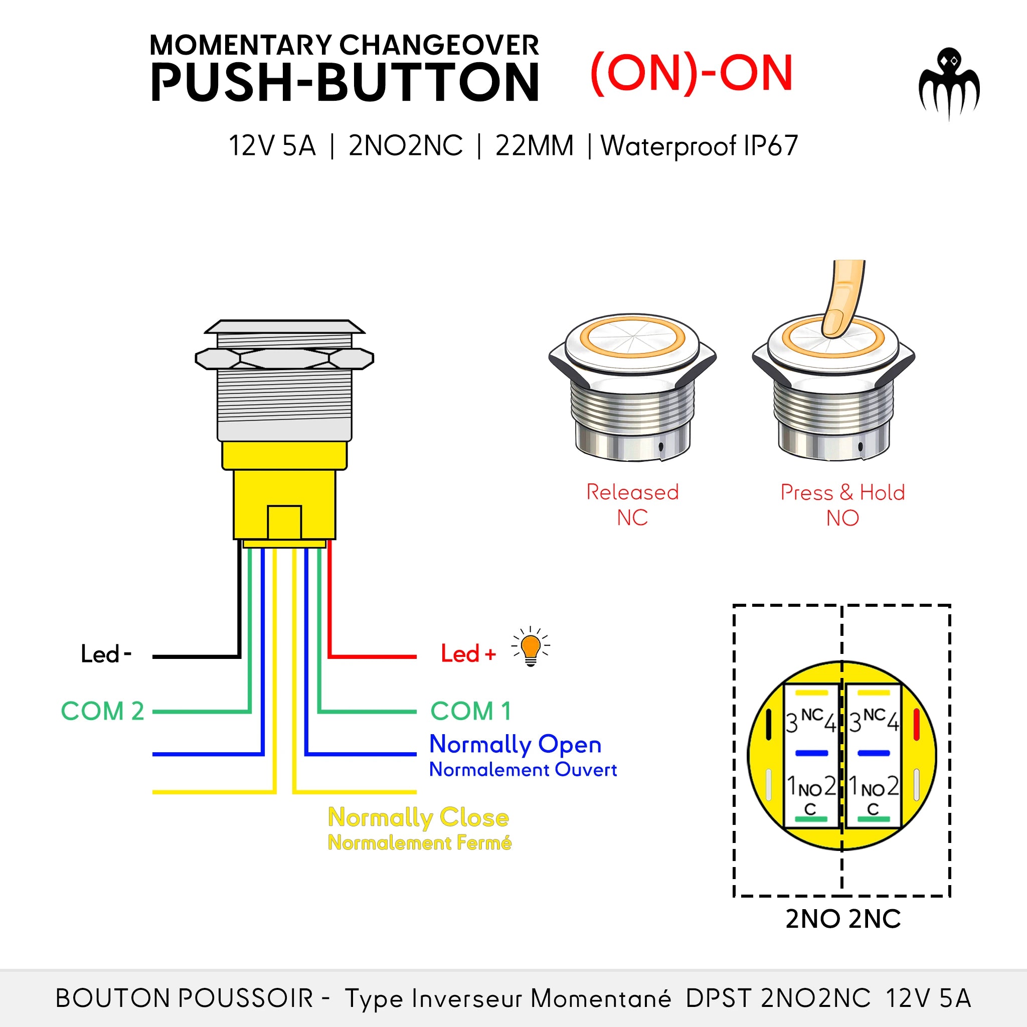 Wiring diagram for dual-circuit changeover push button: LED+/LED-, COM1/COM2, NC and NO outputs — released = NC, press & hold = NO (2NO 2NC)