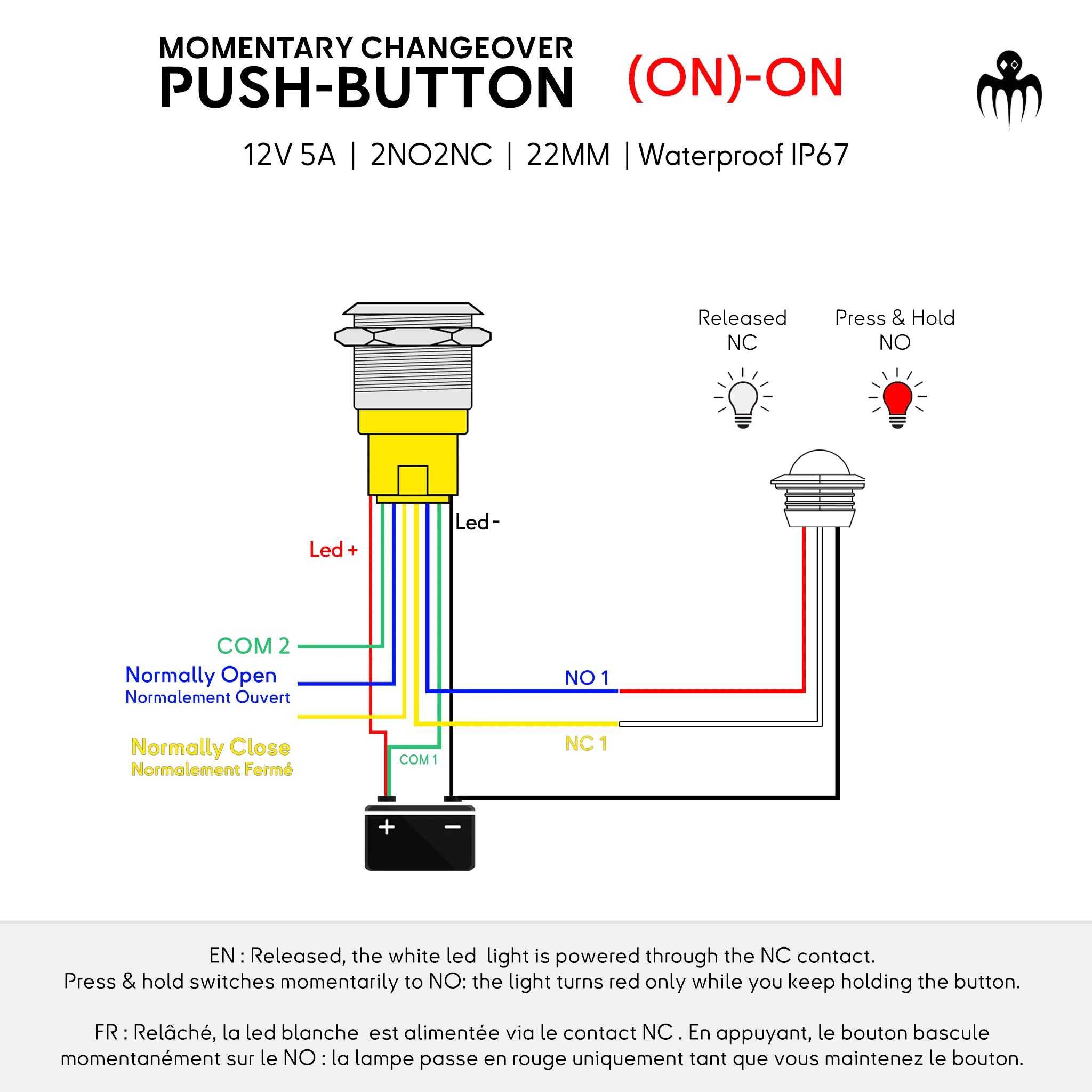 NC/NO behavior example: lamp powered in white through NC when released, switches momentarily to NO (red) only while holding the button