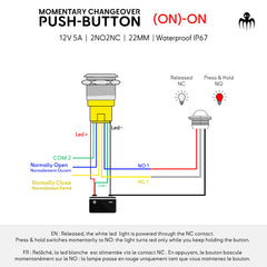 NC/NO behavior example: lamp powered in white through NC when released, switches momentarily to NO (red) only while holding the button