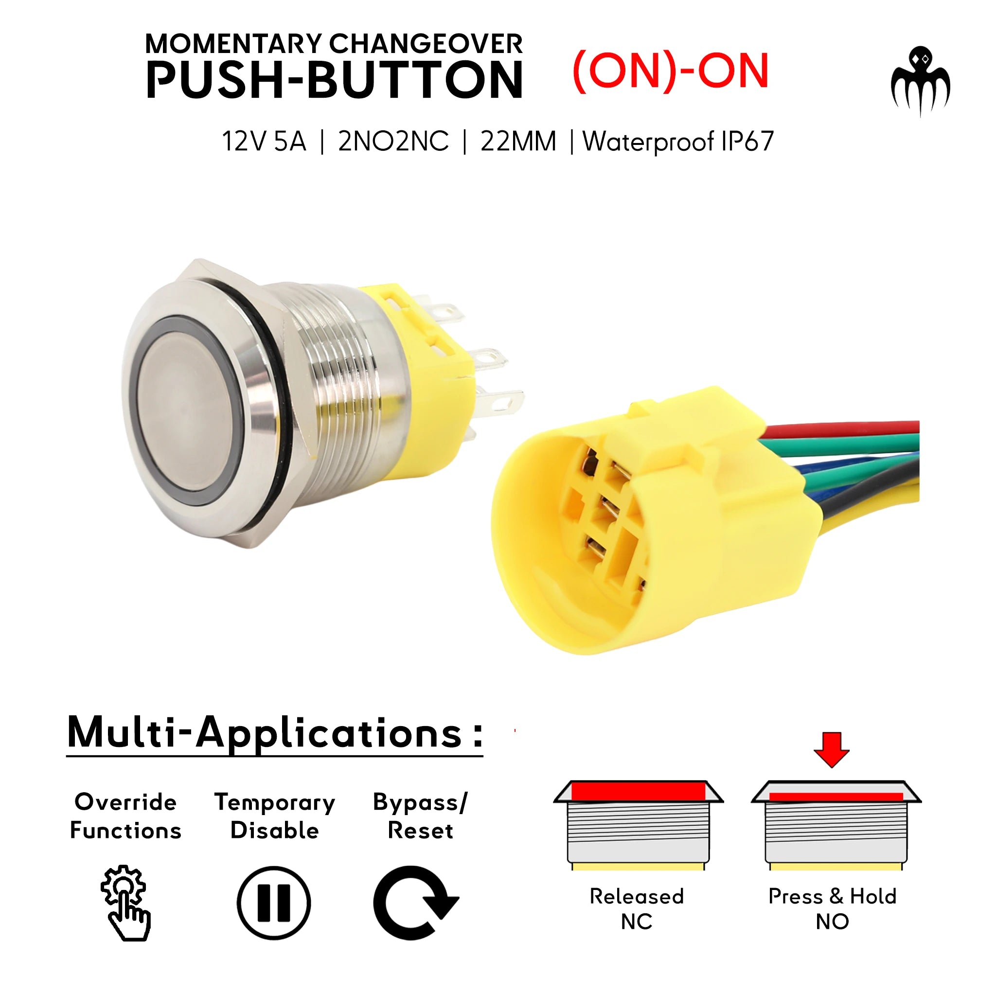 Bouton poussoir inverseur multi-usages : marche forcée/override, neutralisation temporaire, bypass/reset — relâché NC, appui maintenu NO (22mm, 2NO2NC)