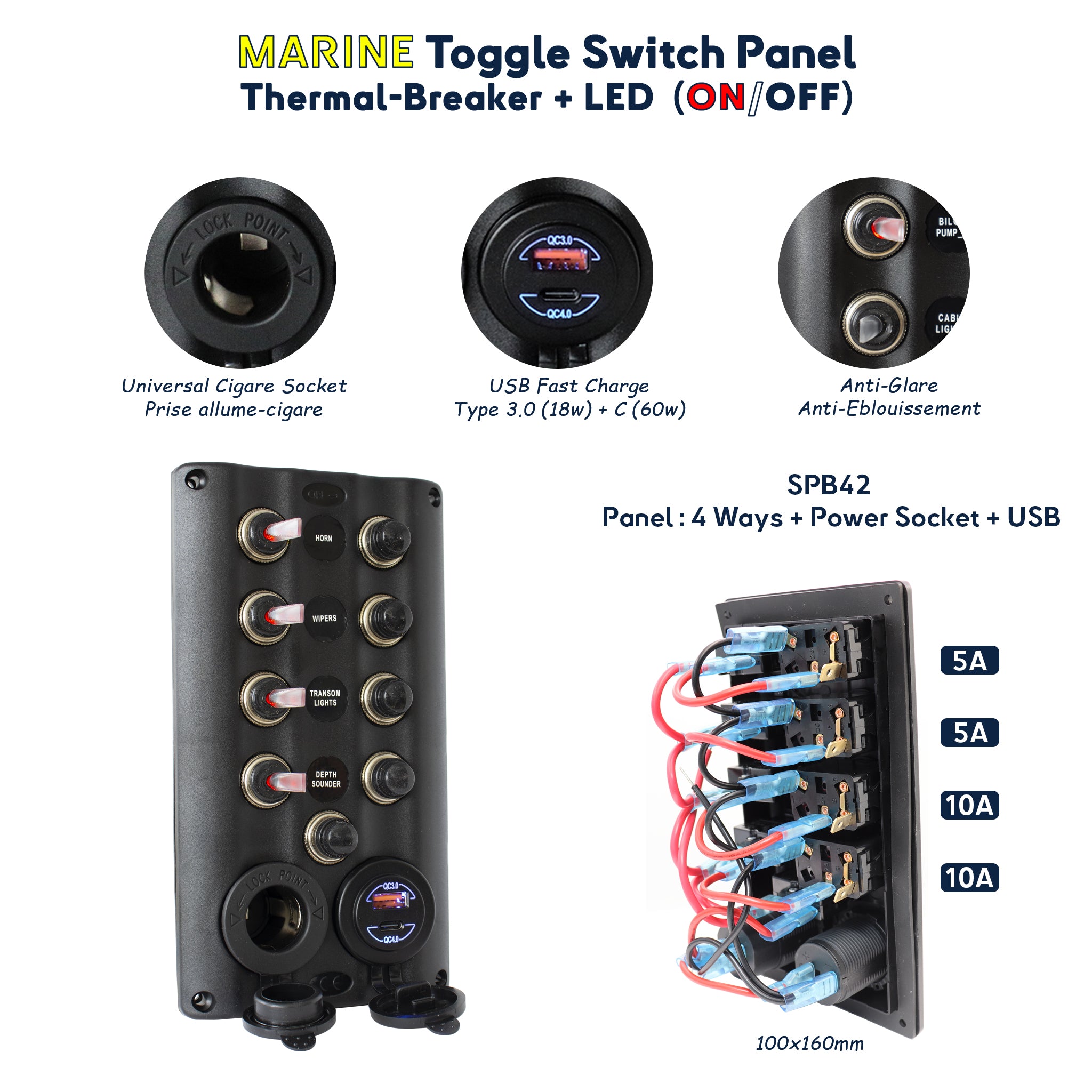 Panneau SPB42 avec 4 interrupteurs LED ON/OFF, prise allume-cigare, double port USB charge rapide, disjoncteurs thermiques, idéal pour gestion de l'alimentation marine et camping-car. BAYWATT