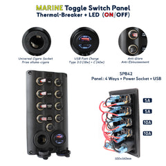 Panneau SPB42 avec 4 interrupteurs LED ON/OFF, prise allume-cigare, double port USB charge rapide, disjoncteurs thermiques, idéal pour gestion de l'alimentation marine et camping-car. BAYWATT
