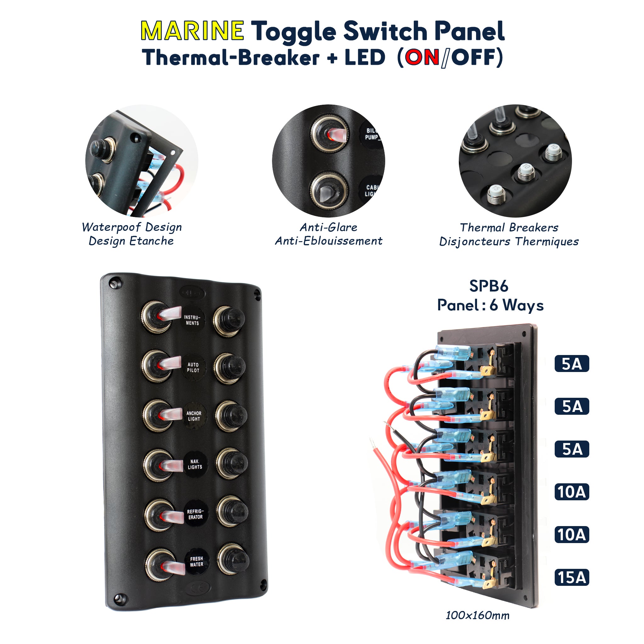 Panneau de commutateurs marins étanche SPB6 avec 6 interrupteurs LED ON/OFF, disjoncteurs thermiques, contrôle des systèmes de navigation et d'éclairage pour bateaux et véhicules nautiques. Baywatt. High efficient at sea