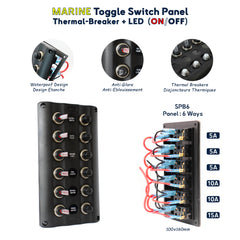 Panneau de commutateurs marins étanche SPB6 avec 6 interrupteurs LED ON/OFF, disjoncteurs thermiques, contrôle des systèmes de navigation et d'éclairage pour bateaux et véhicules nautiques. Baywatt. High efficient at sea