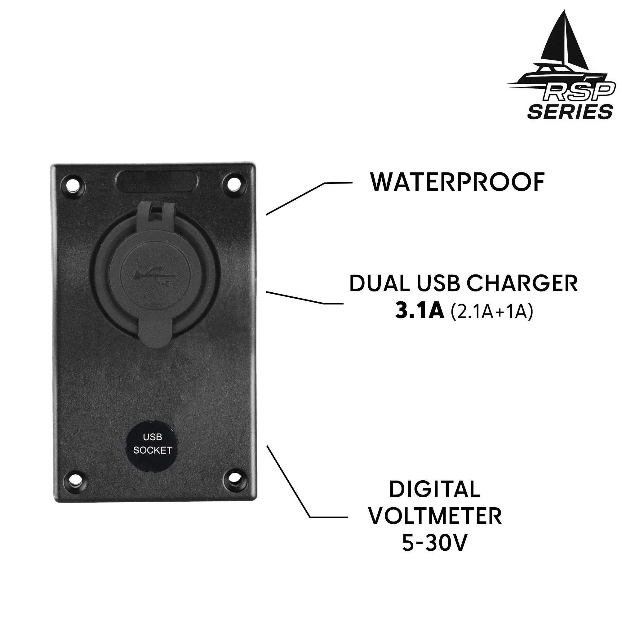 Panneau chargeur USB étanche pour bateau 12/24V – double sortie 5V (2.1A + 1A) avec capuchon