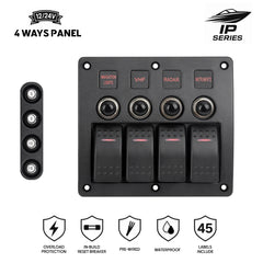 Panneau de commutateur marin 4 voies avec protection contre les surcharges, disjoncteurs réarmables, étanche et pré-câblé pour bateaux.